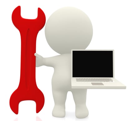 3D person with a spanner and a laptop isolated over a white background
