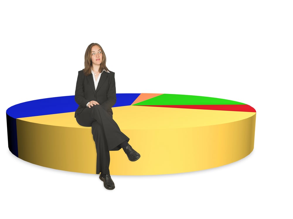 business woman sitting on biggest portion of a pie chart - over white